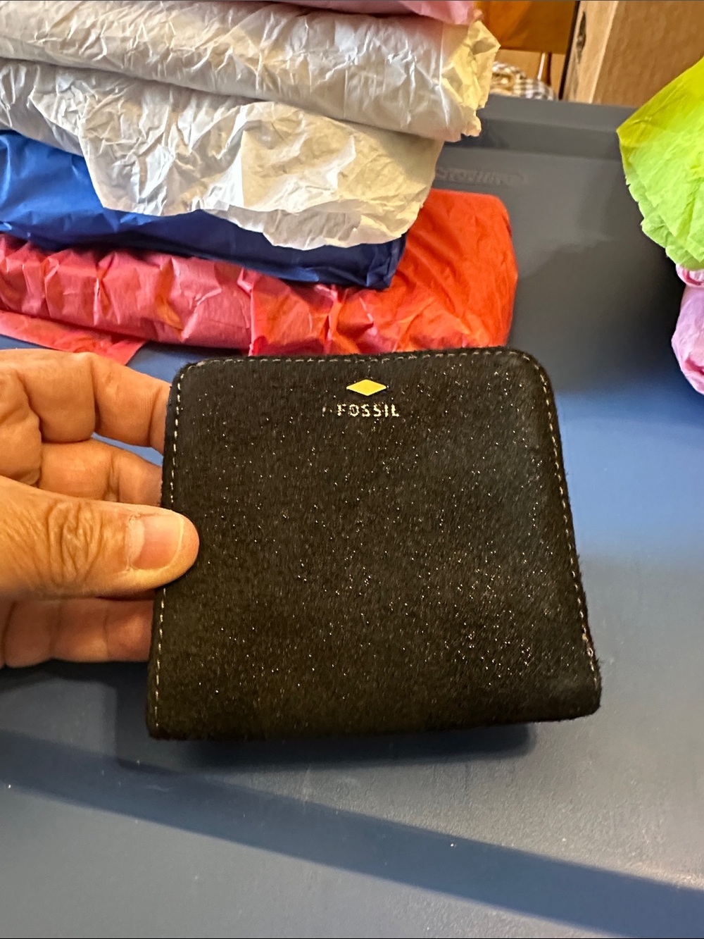 Fossil Black Glitter Zip-Around Wallet with Gold Logo